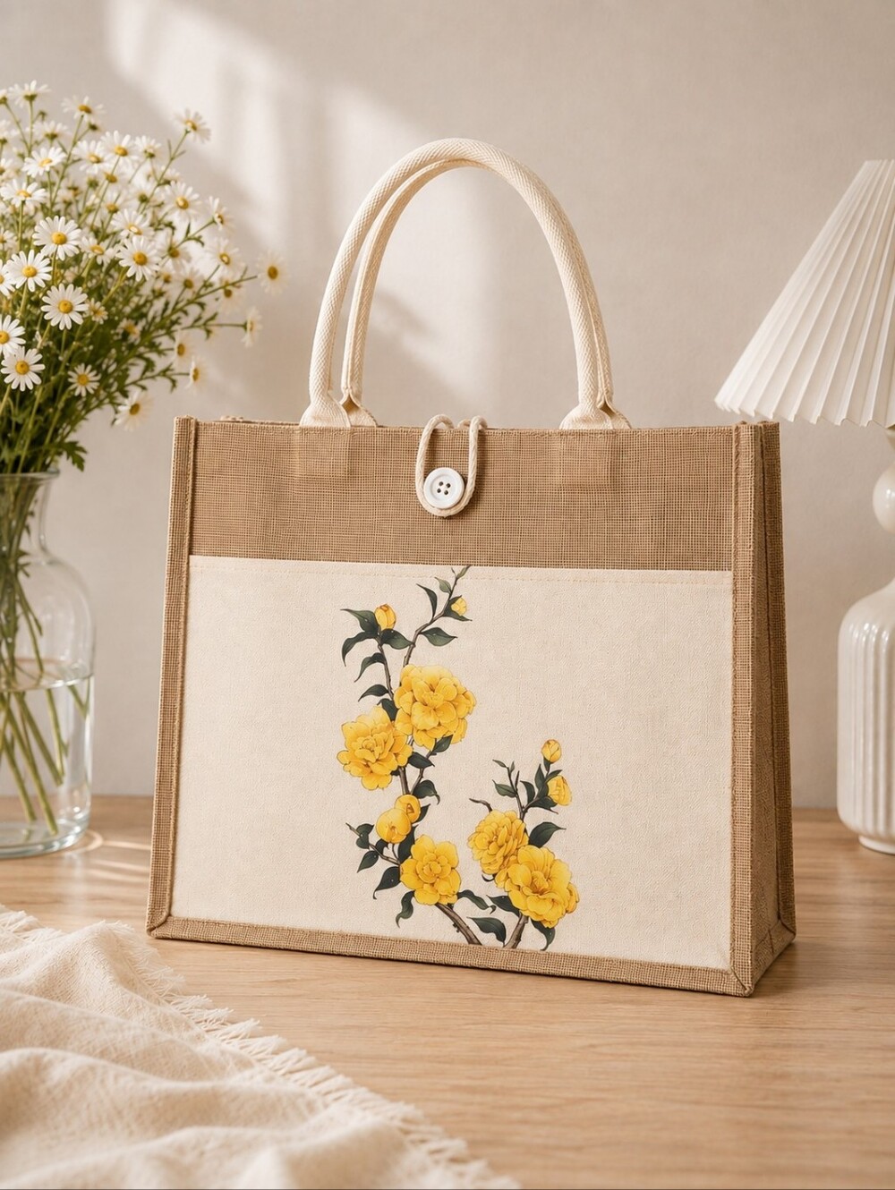 Handmade Floral Canvas Tote Bag - Yellow Floral